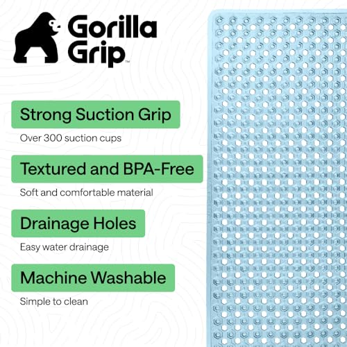 Image of GORILLA GRIP Patented Bath Tub Shower Mat, Machine Washable Bathtub Floor Liner Mats, Suction Cups and Drain Holes to Keep Tubs Clean, Soft on Feet, Bathroom Essentials, 35x16 Inch, Clear Blue