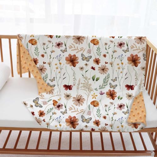 Image of Wildflower Baby Blanket for Girls, Boho Flower Toddler Soft Minky Blanket with Double Layer Dotted Backing, Nursery Newborn Baby Receiving Blanket Butterfly Flower Garden, 30 inchx40 inch
