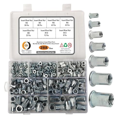 Image of Epi-Torque 288 PCS Metric Rivet Nut Kit Zinc Plated Flat Head Knurled Body Threaded Insert 7 Sizes M3 M4 M5 M6 M8 M10 M12 Assortment Pack