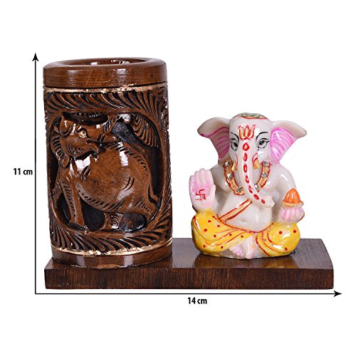 Image of Craft Trade 14x11 Cm Round Carved Wooden Pencil Holder with Ceramic Ganesha Statue - White Brown