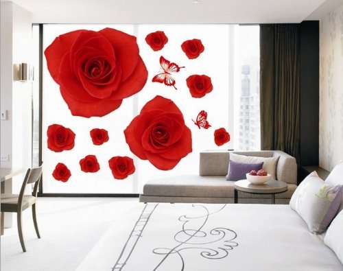 Createforlife Home Decoration Art Vinyl Mural Wall Sticker Decal Red Rose Flowers Butterfly Decal Paper