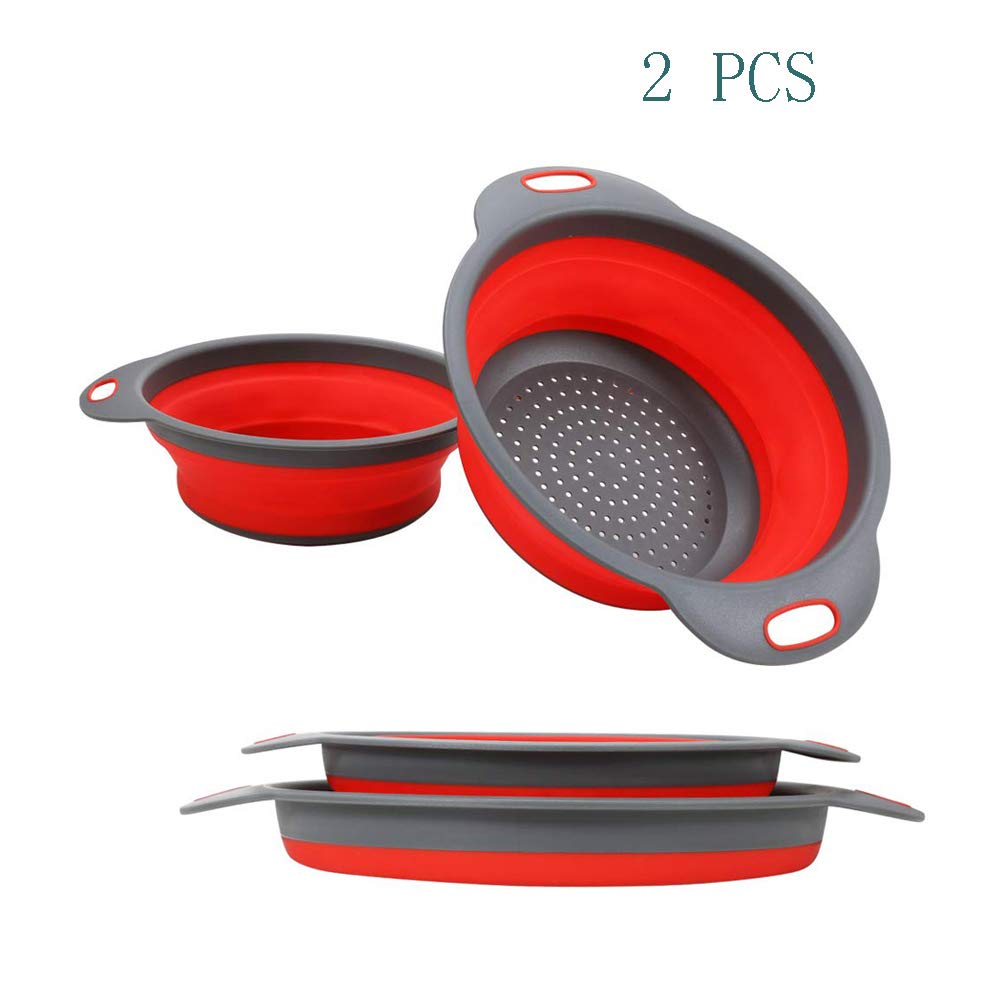 Collapsible Colanders with Handles, Food-Grade Silicone Kitchen Strainer Space-Saving Design For Pasta, Red