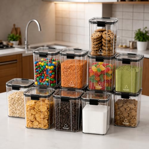 Image of HomeWiz Airtight Kitchen Storage Box 1200ml x10 | Containers For Kitchen Storage Set | Food Grade BPA-Free Kitchen Containers Set With 2 Side Clip-Lock | Stackable, For Pantry and Fridge Storage