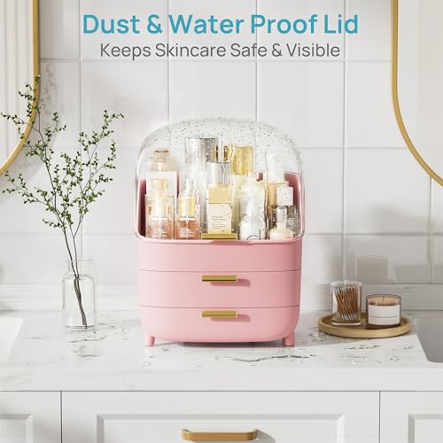 Image of Vtopmart 3-Tier Skincare Makeup Organizer with Lids, Pink | With Drawers and Lid, For Vanity and Bathroom Countertop, Large Cosmetic Storage Box Case for Dresser, With Non-Slip Base