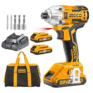 Ingco Brushless Impact Driver 20V Li-Ion Cordless Impact Driver With 2Pcs 2.0Ah Batteries, 1 Pcs Charger, 1/4 Inch, 170Nm, Multicolor