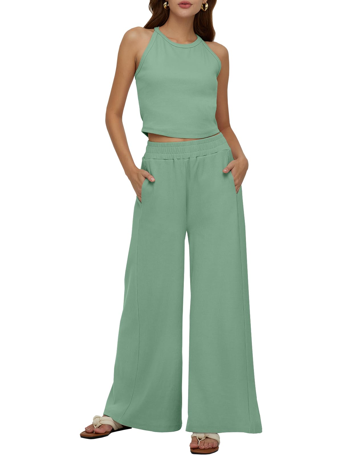 DEEP SELF Women's Summer 2-Piece Outfit ? Sleeveless Ribbed Knit Crop Tank Top Matching Wide Leg Pants Vacation Outfits (Medium, Grey-Green)