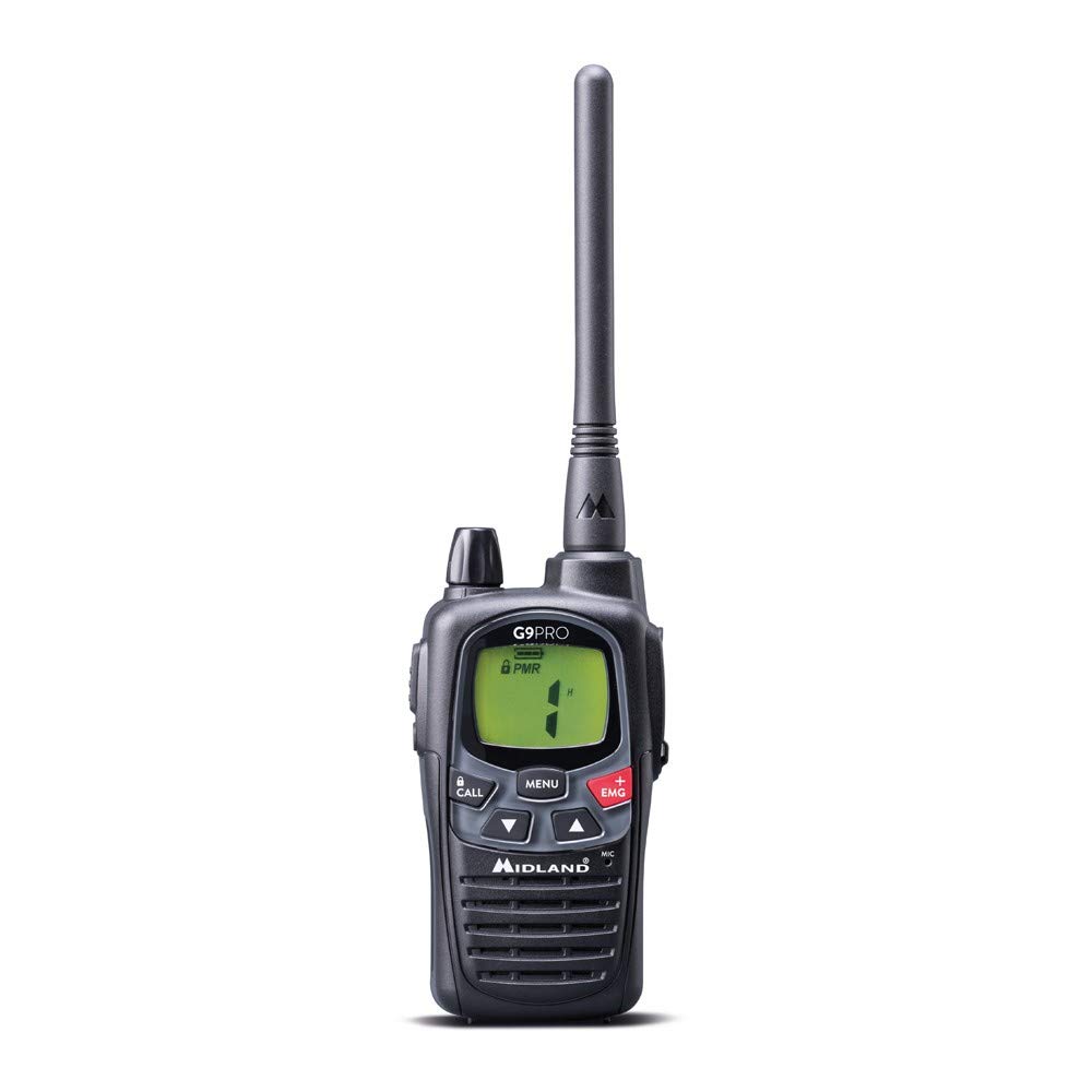 Midland - Walkie Talkie G9 PRO Black, IPX4 Waterproof Long Range Walkie Talkies, 2 Way Radio, Airsoft & Outdoor, 101 Channels - 32 PMR446/69 LPD, 12Km Range, 23H Battery Life, 4 Rechargeable Batteries