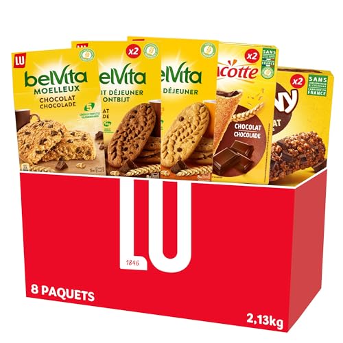 LU - La Moyenne Boîte Petit Déjeuner - Belvita Miel Pépites Chocolat (x1) Belvita Chocolat (x2) Belvita Moelleux Chocolat (x1) Barre Grany Chocolat (x2) Cracotte Fourrée Chocolat (x2) - Lot de 2,13kg