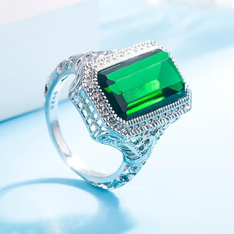 DTECGOUG 925 Sterling Silver Shiny Emerald Square Cut Green Simulated Emerald Vintage Silver Women's Ring Handmade Ring Single Stone Engagement Ring - Image 3