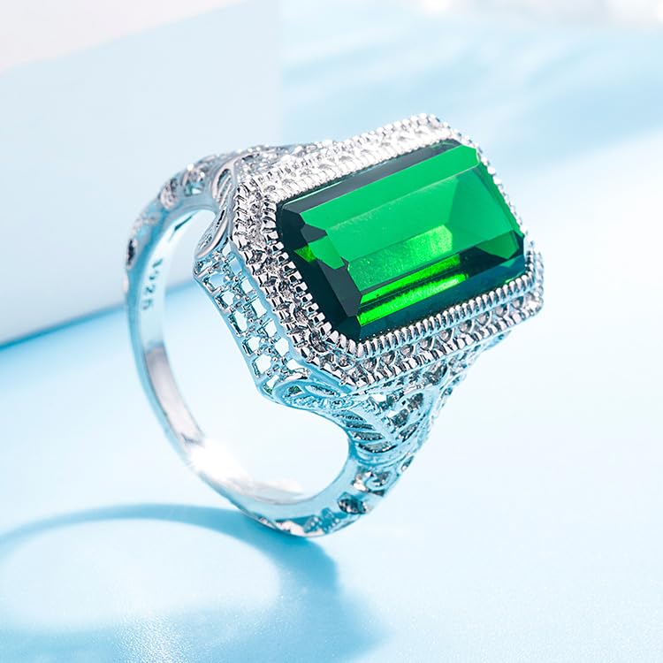 DTECGOUG 925 Sterling Silver Shiny Emerald Square Cut Green Simulated Emerald Vintage Silver Women's Ring Handmade Ring Single Stone Engagement Ring3