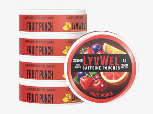 Image of LyvWel 225mg Caffeine Pouches, Guarana-Powered Energy Pouches, Nootropic Pouches, Nicotine Free Pouches & Tobacco-Free (5 Pack, Fruit Punch)