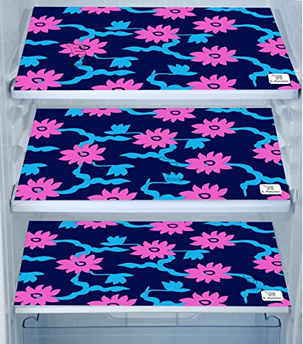 Image of Polyester 3-Layered Fridge Top Cover /Refrigerator Cover With Utility Pockets and Set of 3 Pc Fridge Mats (Color- Floral Blue, Size -39x21 Inches)