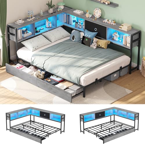 Image of Hasuit Full Corner Bed Frame with Storage Drawers and Bookcase Headboard, Full Size Metal Platform Corner Bed Frame with Charging Station and LED Lights, Full Daybed for Kids Teens Guests, Oak Gray
