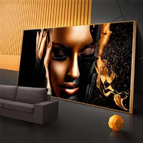 Toile femme africaine moderne haut de gamme peinture noir et or 60x120cm art mural