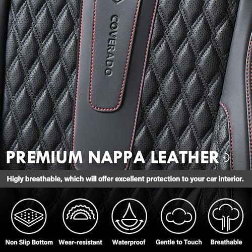 Image of Coverado Front Seat Covers, Car Seat Covers Front Seats, Nappa Leather Seat Covers for Cars, Waterproof Seat Covers with Lumbar Support Universal Fit for Most Cars SUV Trucks (Front, Black-Red line)