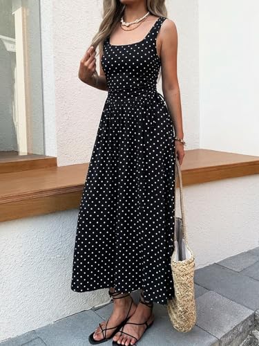 Image of Mieazom Women's Boho Summer Maxi Dress with Pockets, Adjustable Waist, Sleeveless Casual Ruched Sundress for Beach Vacation