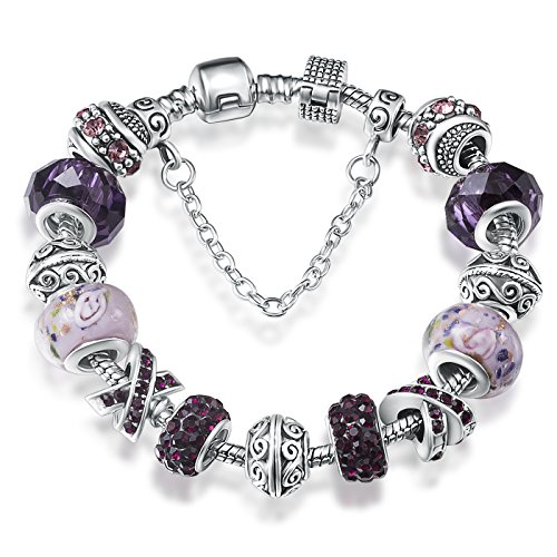ATE Bracelet Charms Cristaux Verre Drops Fleur Femme Cadeau (Violet)
