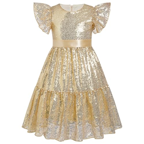 OBEEII Girls Sequin Dress Ruffle Sleeve Sparkly A-line Party Dress with Belt Princess Pageant Prom Birthday Formal Dress