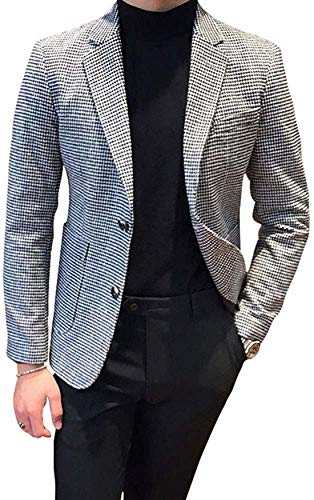 Mens Slim Fit Houndstooth Plaid Dogstooth Casual Blazers Jacket Suit Coat Grey Brown
