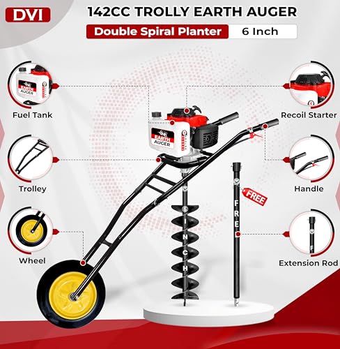 Image of DVI 142CC Trolley Earth Auger Machine, 4-Stroke Petrol Engine - with 6 Inch Double Spiral Planter Bits & Free Extension Rod | for Plantation, Fencing & Post Hole Digging in All Soil Types.