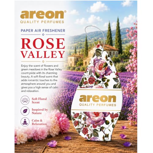 Image of AREON Rose Valley Hanging Air Freshener - Luxury Rose Floral Fragrance for Car, Home, Office, Long Lasting Perfume Aroma Odor Eliminator Decorative Scent Freshener (Pack of 3)