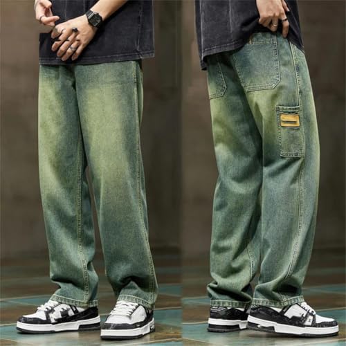 Men Summer Wide Leg Straight Loose Fit Blue Denim Pants Streetwear Vintage Pockets Baggy Pants4