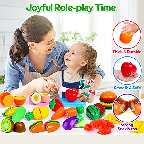 OCATO 70PCS Cutting Play Food Set for Kids Kitchen Toys Food Cutting Toys Fruits and Vegetables with Storage Basket Fake Food Pretend Play Kitchen Accessories Toys for Toddlers Boys Girls Xmas Gifts