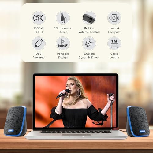 Image of Intex IT-120 2.0 Channel Desktop Speaker with 10W Powerful Sound, USB Powered, 3.5mm Jack, in-Line Volume Control, Loud & Compact Design, Portable for Laptop, Computer, Mobile - Blue