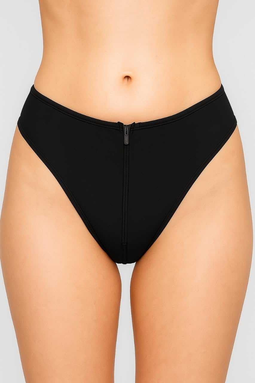flirty touch Women's Black Zipper Trim Bikini Panties, Nylon Spandex Blend-picture-0