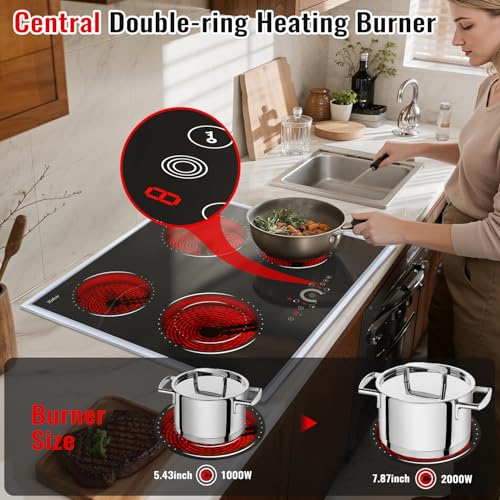Image of Hobsir 24 inch Electric Cooktop 6200W, 4 Burner Electric Stove Top, Built-in Circular Slide Ceramic Stove with Glass Metal Frame, Timer, Safety Lock, 220V-240V Burner Hard Wire (No Plug)