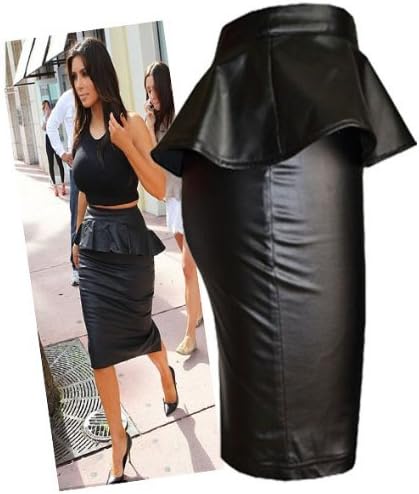 Womens Wet/leather Look Peplum Pencil Midi Skirt (Le) (8/10 (uk 12/14), Black)