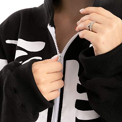 Spooktacular Creations Unisex Skeleton Onesie Plush Skeleton Jumpsuit Zippered Halloween Hoody Pajama Adult Sleepwear Costume