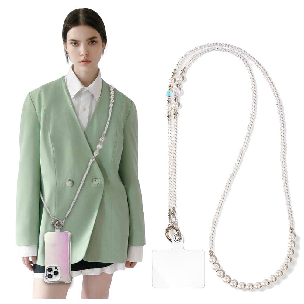 Turkalla Phone Chain Crossbody Pearl Strap,Pearl Beaded Chain Shoulder Crossbody Lanyard with Phone Tether Patches Compatible with Most Phones Bag
