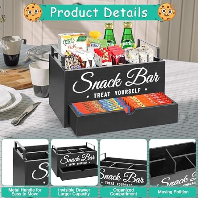 Snack Organizer for Countertop, Wood Pantry Storage Bins with Handles, Snack Bar Organizer for Kitchen, Office, 4 Compartment Food Container Snack Box with Drawer, Pantry Organizer for Chips, Candy