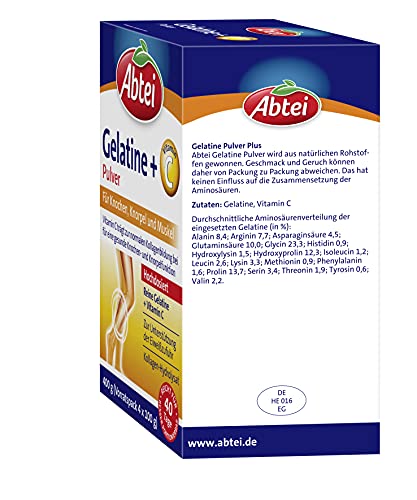Abtei Gelatine Pulver Plus - reine Gelatine und Vitamin C für Knochen, Knorpel und Muskeln - hochdosiert - 400 g (4 x 100 g) - Vorratspack für 40 Tage