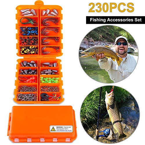 Topfort 230Pcs Fishing Accessories Kit, Including Fishing Bait Rig, Jig Hooks, Bullet Bass Casting Sinker Weights, Fishing Swivels Snaps, Sinker Slides, Fishing Set With Tackle Box… #TOP6