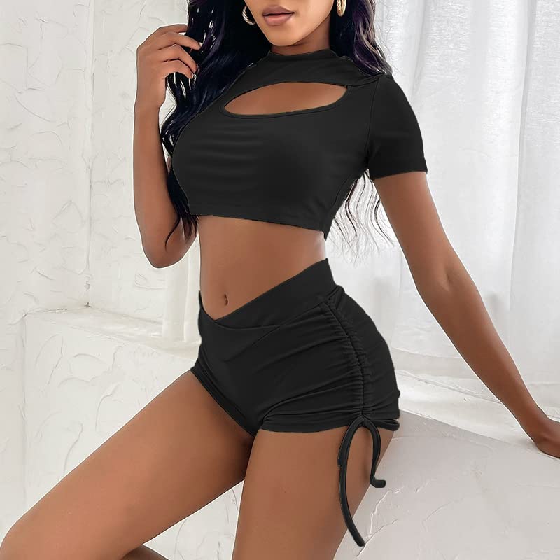 SherryDC Women High Waisted Swim Shorts V Cut Bikini Swimsuit Bottoms Drawstring Ruched Bathing Suit Board Shorts4