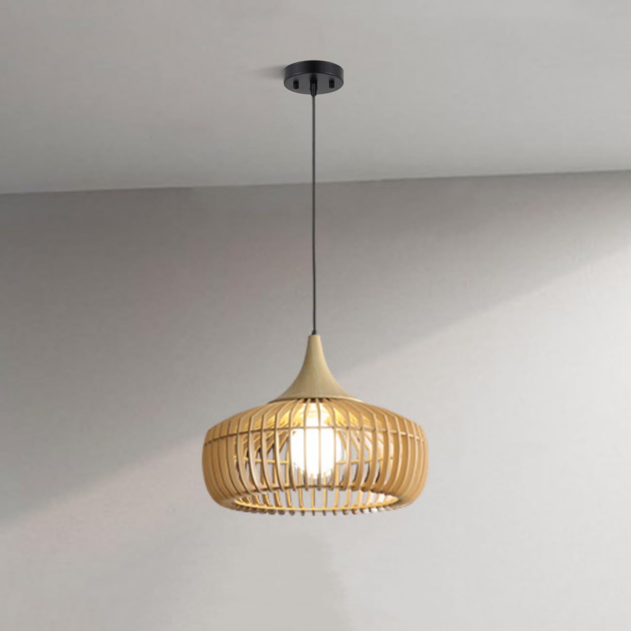 LYMSXAZOU Farmhouse Wooden Pendant Light - Rustic Mid-Century Chandelier with Adjustable Cord 16.9" Walnut Cage Fixture(Beige,16.9")