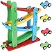 KRUZZEL Grand Rampe de Voiture en Bois Jouets avec 4 Voitures de Course Aucun Assemblage Requis 9349