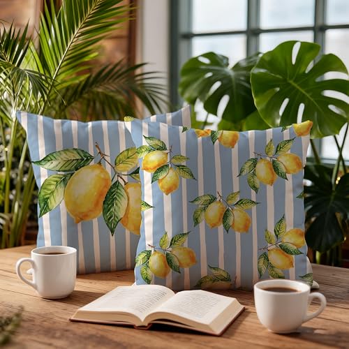 Image of Summer Blue and Yellow Italian Mediterranean Amalfi Coast Lemon Pillow Cover Decor 18x18,Italian Striped Decorative Throw Pillow Cover Decor for Couch Double-Sided Set of 2