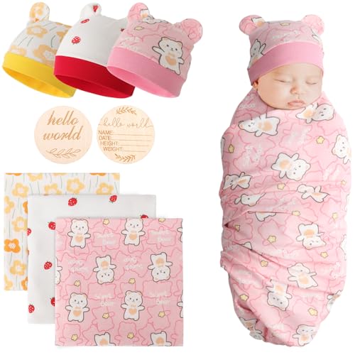 DRESHOW BQUBO Cotton Baby Swaddle Hat Set Newborn Infant Receiving Blankets with Bear Ears Hat Wooden Birth Announcement Card Newborn Unisex Swaddle Wrap Sets Warm Shower Gift