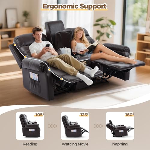 Image of RV Loveseat Recliner with Console, Reclining Loveseat Sofa, Manual Home Theater Seating with Pockets /Cup Holders for Living Room /RV Furniture (Chocolate PU)