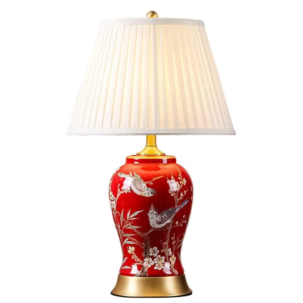 USMJQVZ 21.6" Ginger Jar Ceramic/Metal LED Table Lamp American red hand-painted flowers and birds Bedside Desk Nightstand Lamp for Bedroom Living Room Office College