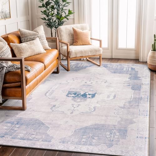 Rugshop Vintage Medallion Machine Washable Non Slip Area Rug Ideal for Living Room, Bedroom,Kitchen,Entryway,Dining Room,Office 5' x 7' Blue/Cream