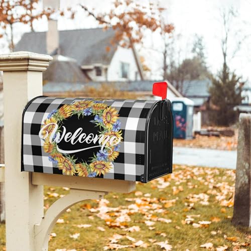 Image of Sunflowers Cornflowers Welcome Wreath Mailbox Covers Magnetic Standard Size,Buffalo Plaid Spring Summer Mailbox Covers Magnetic 18 inchx21 inch for Holiday Yard Decor