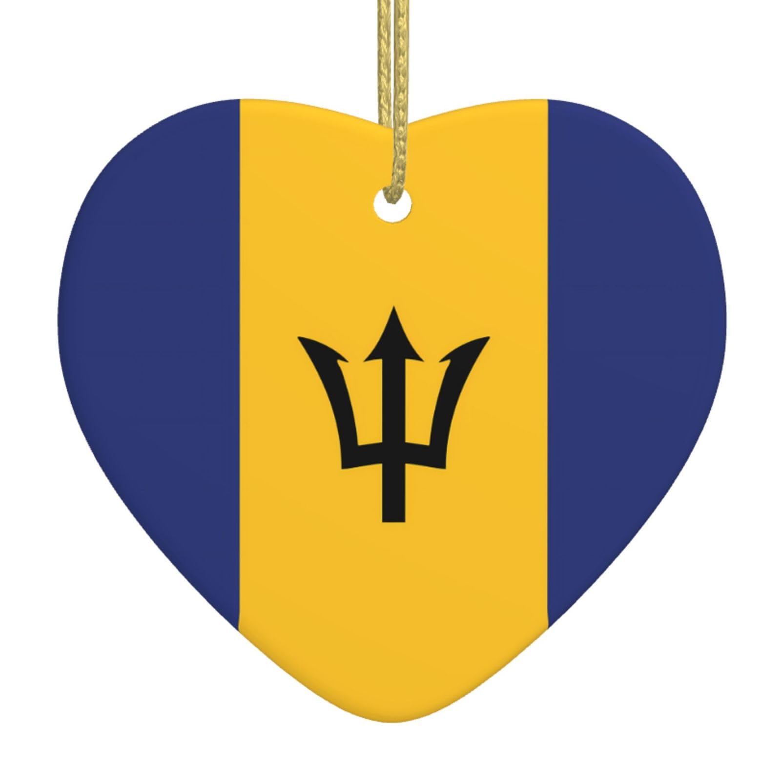 Flag of Barbados Ceramic Christmas Heart Pendant with Silk Thread, Christmas Tree Home Decoration