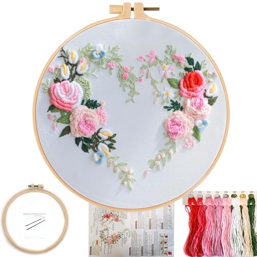 Image of FONNUY Love Heart Crewel Embroidery Kit for Beginners, Pre-Stamped Pattern Kits for Adults with Hoop, Easy to Follow Color Thread Needlework, 8'' Hoop (Floral Heart)