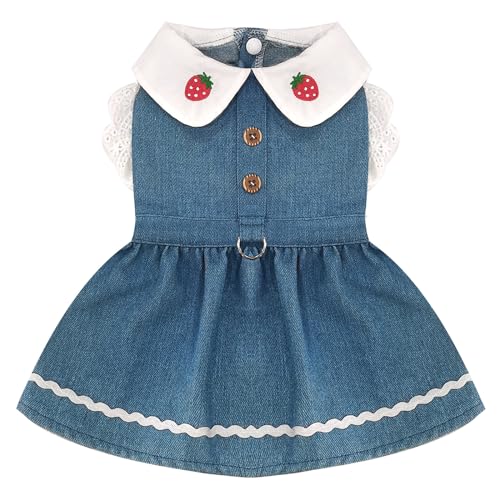 XGDMEIL Denim Dog Dress for Small Dogs Cats Cute Girl Dog Clothes Cute Strawberry Female Pet Dresses Spring Summer Pet Outfits for Chihuahua Yorkie Shih Tzu(Dark Blue,X-Small)