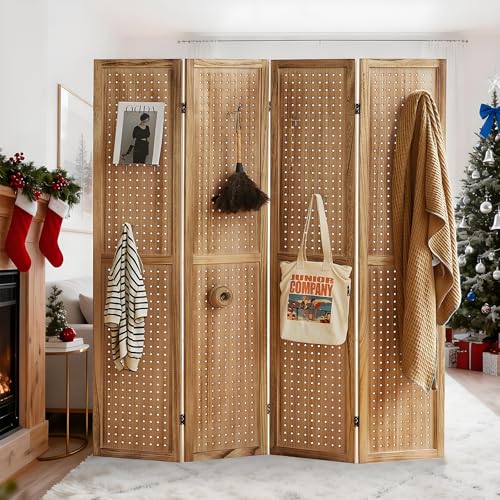 Leesinwing 4 Panel Room Dividers and Folding Privacy Screens, 5.6Ft Wooden Pegboard Display, Privacy Dividers for Bedroom, Portable Dispxlay Board Organizer for Store, Jewelry Display, Light Brown