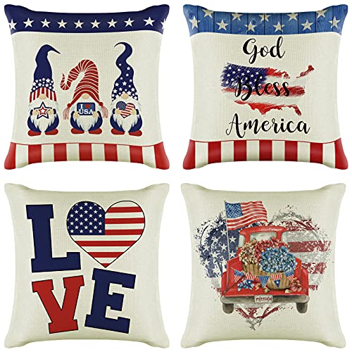 4Th Of July Decorations Pillow Covers, Memorial Day American Flag Stars Patriotic Throw Pillow Covers Love American And Gnomes Truck Pillows Independence Day Decor (18X18 Set Of 4) #TOP27